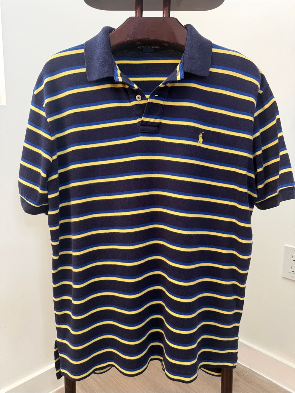 Vintage Ralph Lauren Polo Silver Label Navy and Yellow Striped Polo.  Sz L